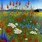 Colorful Flower Field Painting Under Blue Sky