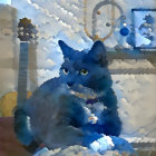 Blue-Gray Cat Watercolor Illustration with Cloudy Sky and Lamp Post Detail