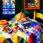 Vibrant painting of dining scene with bold colors & geometric patterns