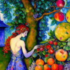 Colorful Stained Glass-Style Illustration of Red-Haired Woman in Garden