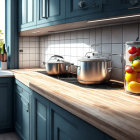 Colorful geometric kitchen with pots, multicolored floor, and whimsical tree view.