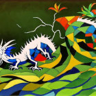 Colorful stained-glass-style painting of a white and blue dragon on green and yellow backdrop with red