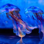 Colorful digital artwork featuring three jellyfish in iridescent hues on a deep blue backdrop with bubbles
