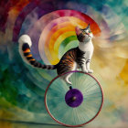 Tabby cat balancing on a unicycle with rainbow backdrop and colorful tail.