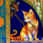 Colorful Stylized Cat Art on Vibrant Blue Background