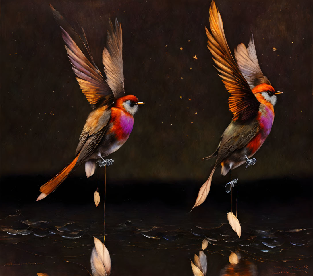 Colorful birds with extended wings perched on swinging barbs reflected on dark water surface against starry