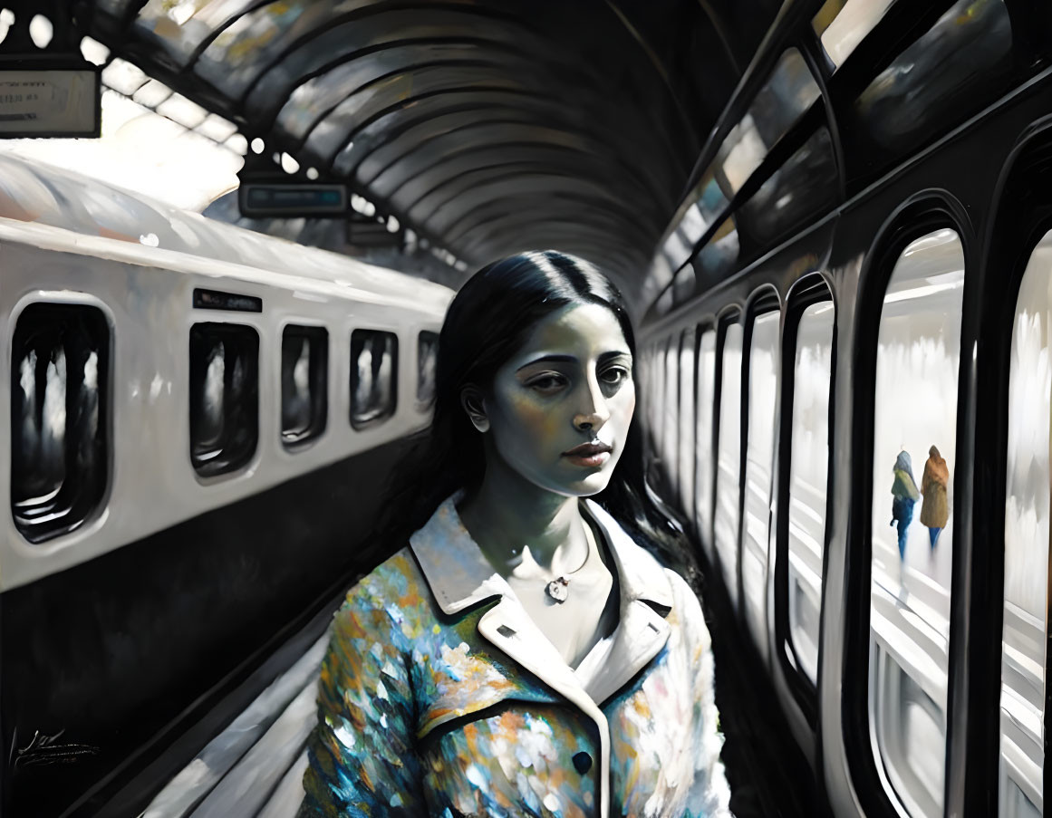 Colorful Jacket Woman Waits at Subway Station as Train Arrives