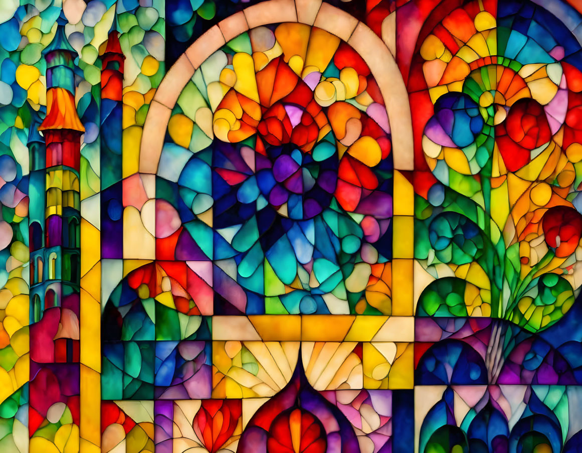 Colorful Stained Glass Pattern: Lighthouse & Flowers in Warm Hues
