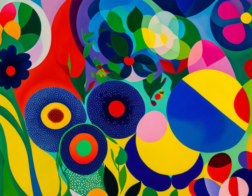 Colorful Abstract Painting with Circles and Flowers in Bold Colors