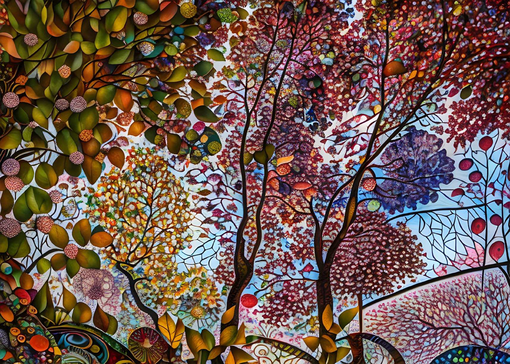 Colorful Mosaic of Stylized Trees and Leaf Patterns