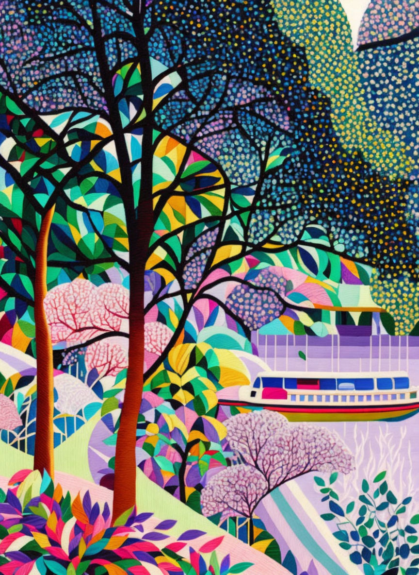 Colorful landscape with trees, foliage, boat, geometric patterns, rich palette