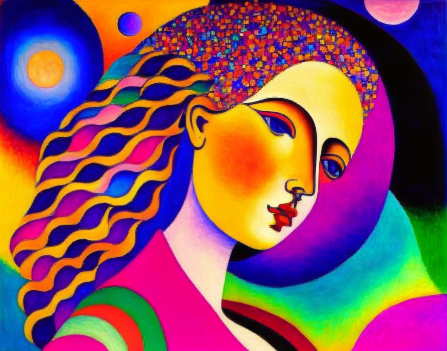 Vibrant abstract portrait of a woman with wavy hair and swirling patterns