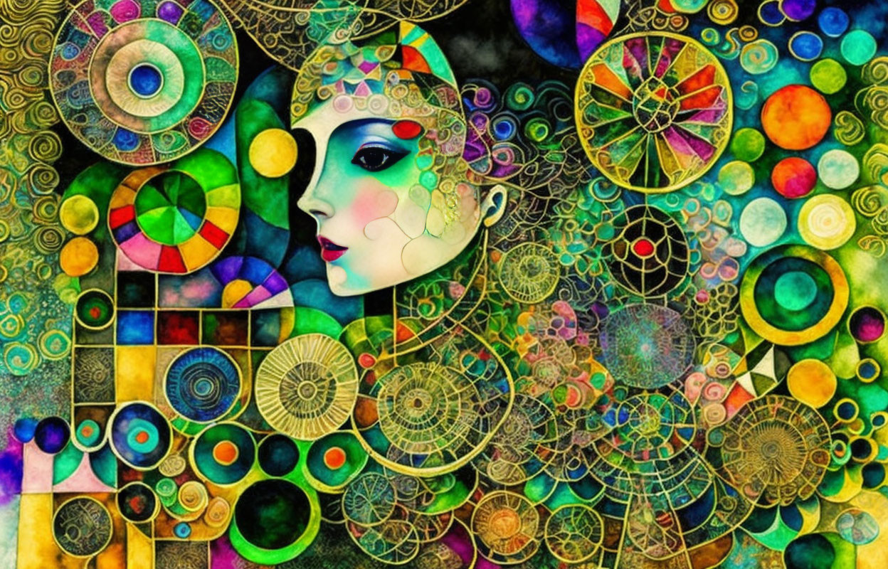 Colorful abstract art: Woman's face amidst intricate patterns and shapes