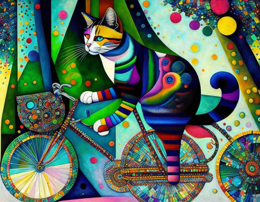 Colorful Whimsical Cat on Bicycle Painting with Abstract Background