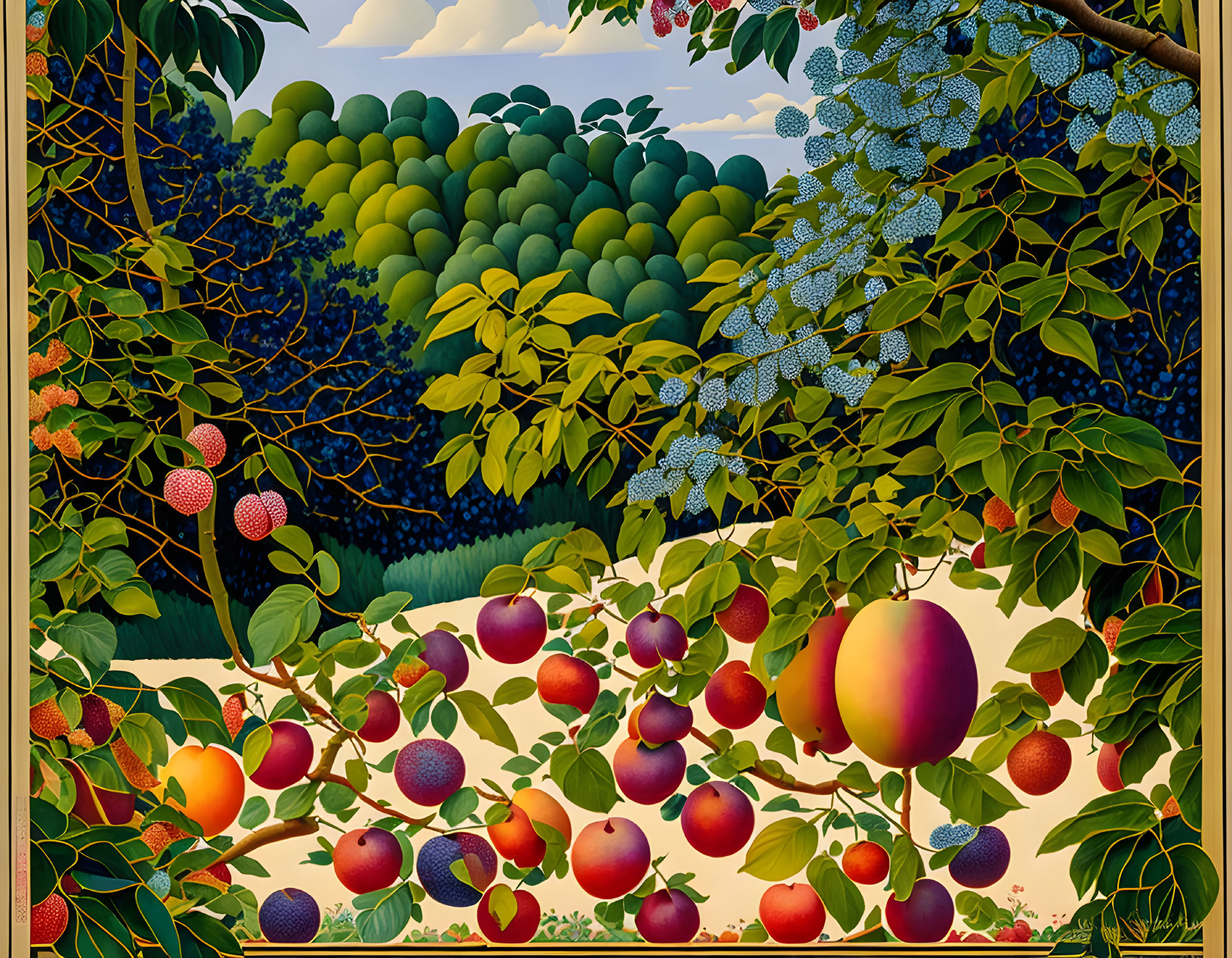 Colorful fruit tree painting with ripe fruits against forest and sky