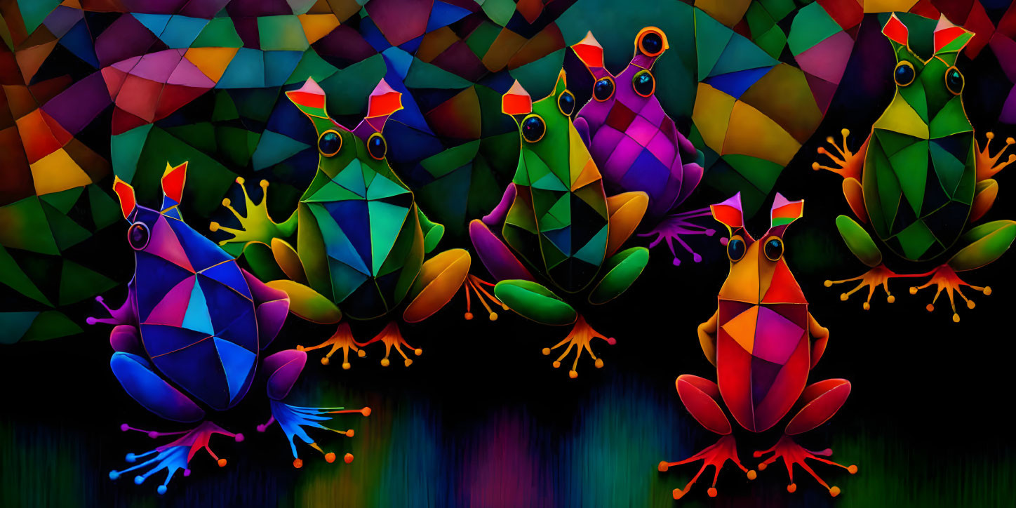 Colorful Geometric-Patterned Frogs with Exaggerated Eyes in Nocturnal Scene