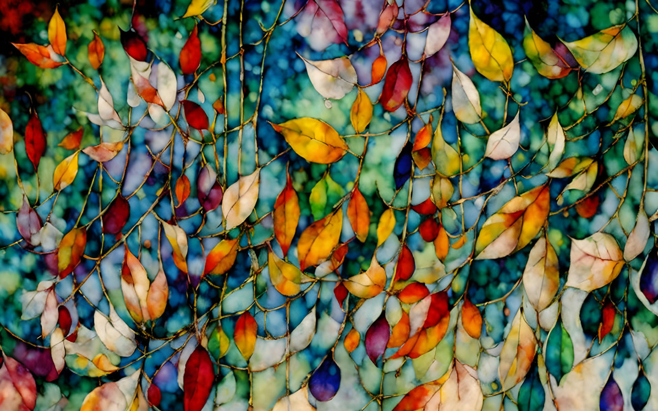 Colorful Leaves on Intertwining Branches Against Blue Background