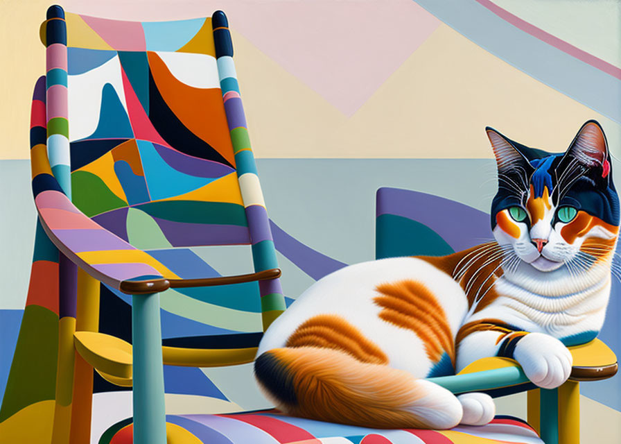 Patterned Chair with Cat Painting on Armrest