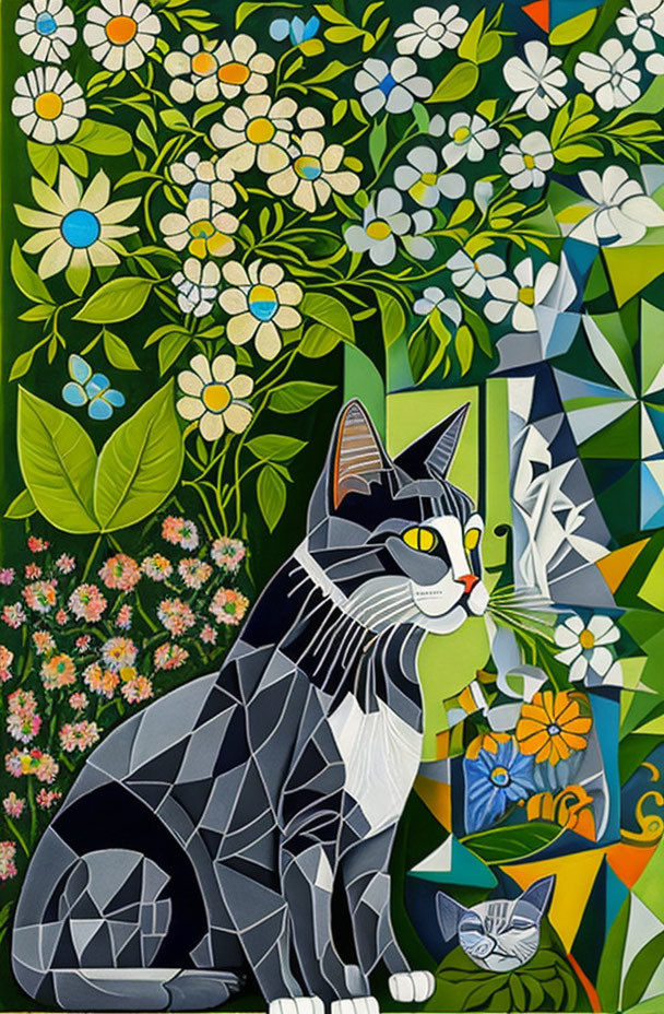 Stylized black and white cat surrounded by vibrant floral patterns.