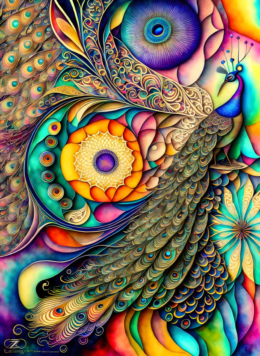 Colorful Stylized Peacock Artwork with Intricate Patterns