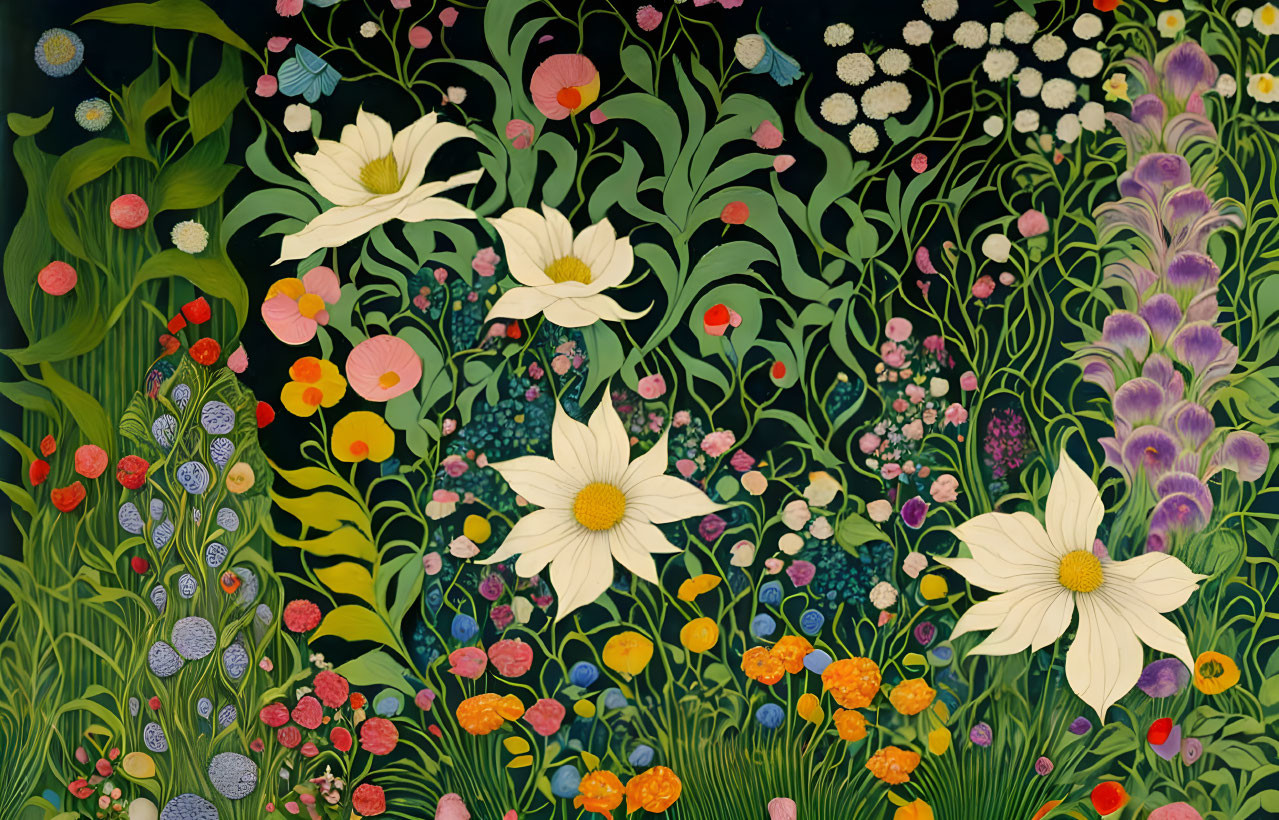 Colorful Floral Pattern on Dark Background: Lush Botanical Scene