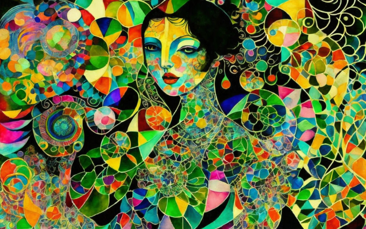 Abstract painting: Colorful portrait of woman with intricate patterns