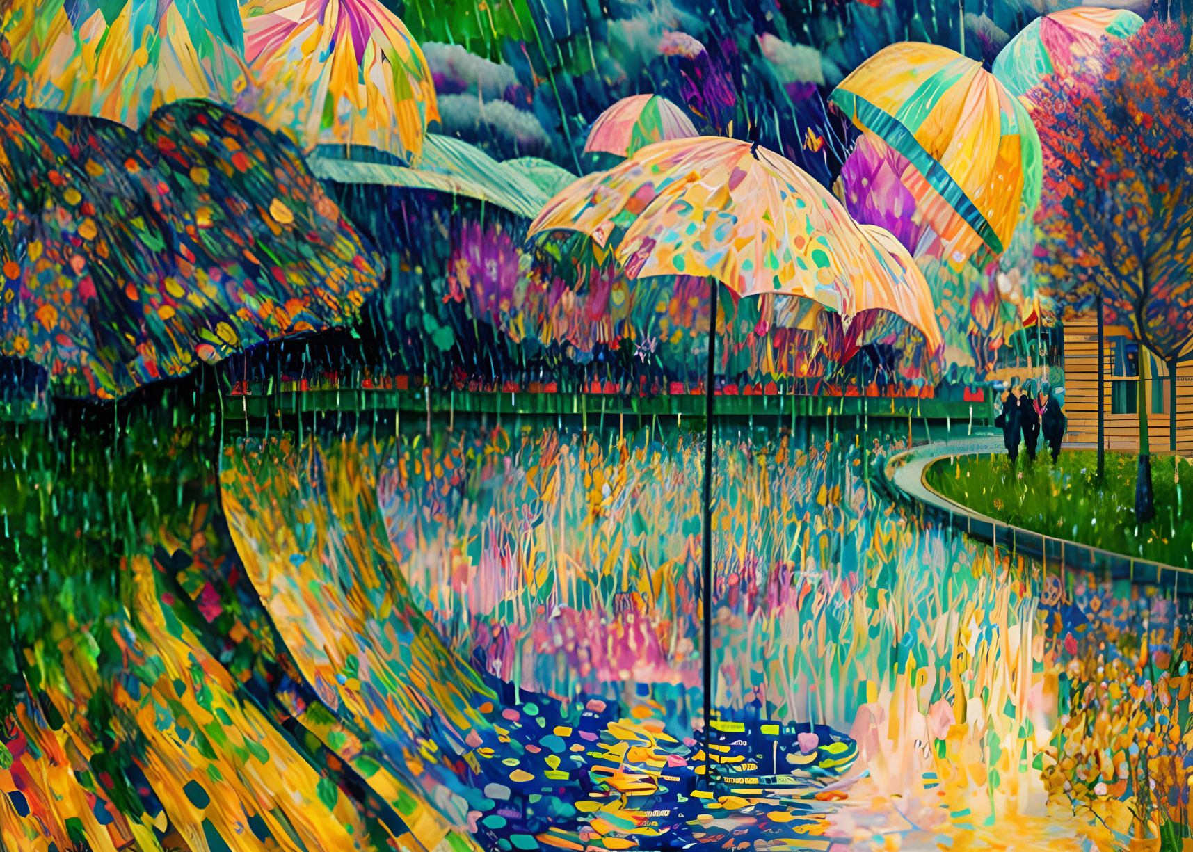 Impressionist-style painting of people with umbrellas by a reflective water body