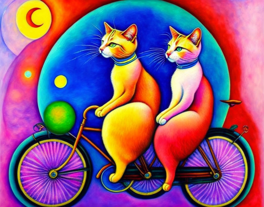 Colorful Stylized Cats on Tandem Bicycle in Celestial Scene