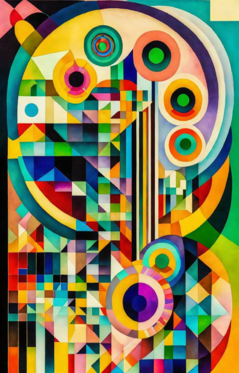 Colorful Abstract Painting with Geometric Shapes and Concentric Circles