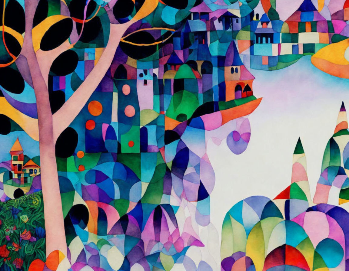 Colorful Abstract Watercolor Painting: Geometric Shapes Create Whimsical Trees, Houses, and Land