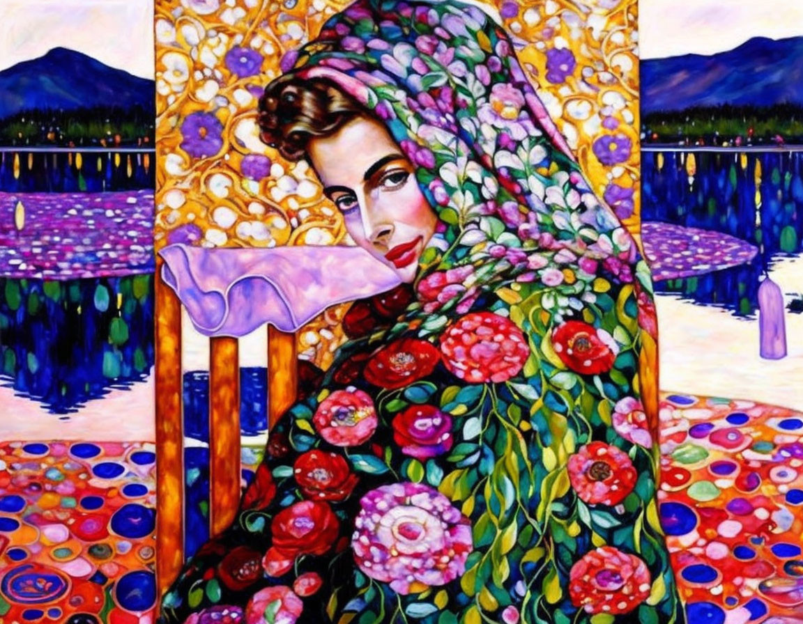 Vivid painting of woman in floral shawl against water and mountain backdrop
