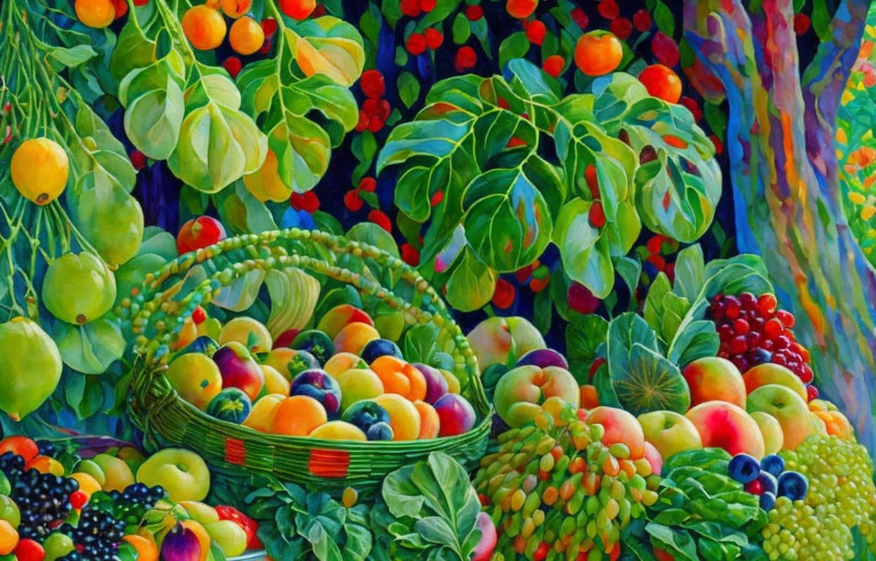 Colorful Fruit Basket Painting with Lush Fruits and Tree Branches