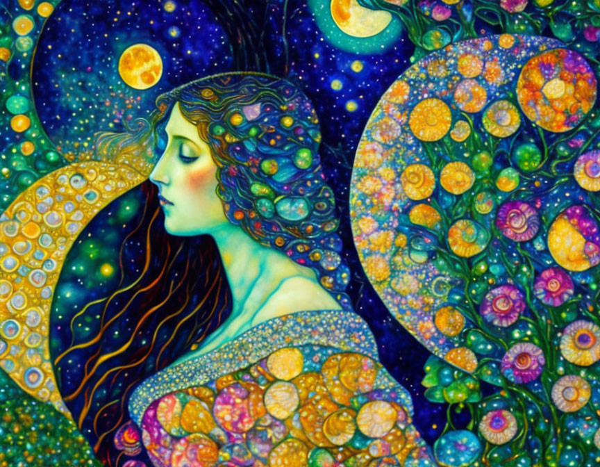 Colorful painting of woman with tree-like hair and celestial bodies, surrounded by mystical circles