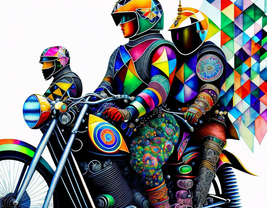 Colorful Geometric Designs on Attire and Helmets of Riders