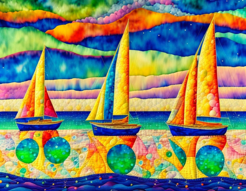 Colorful sailboats on vibrant ocean with whimsical sky