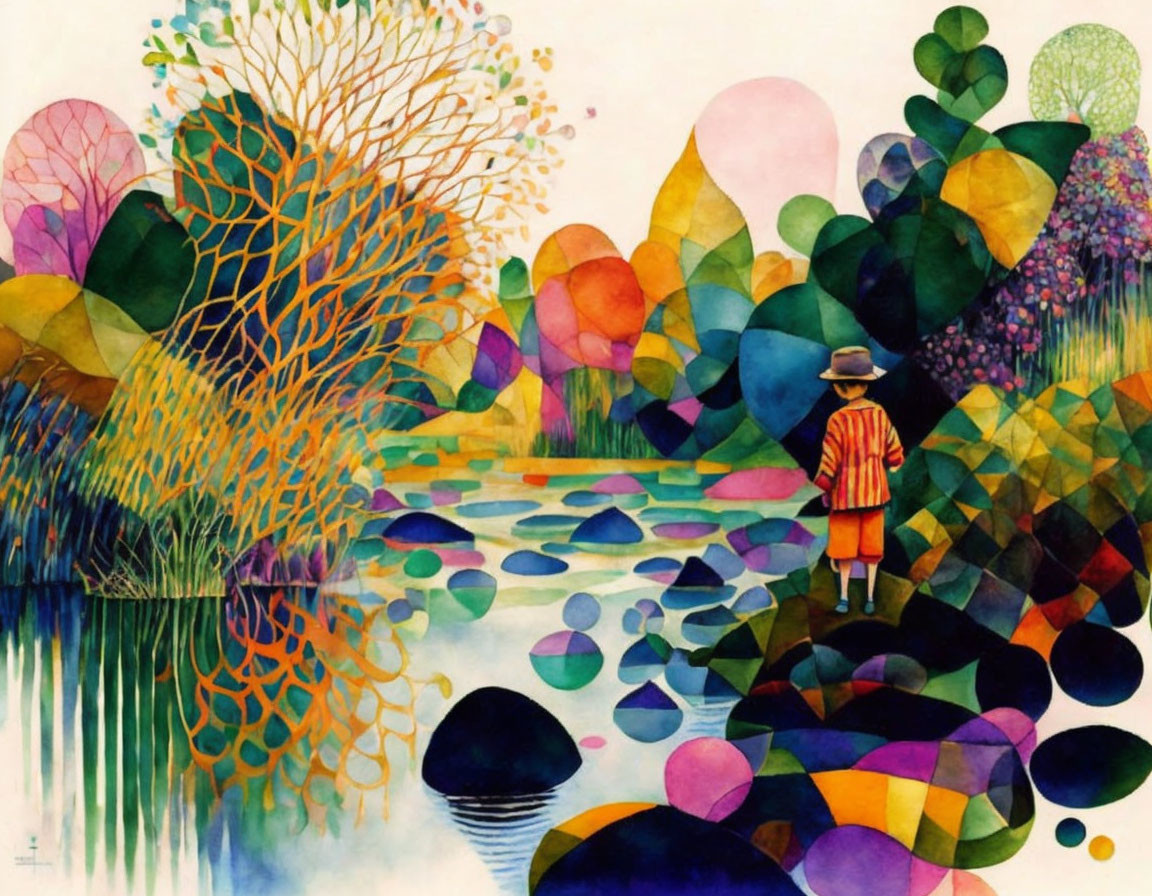 Colorful Watercolor Painting of Person by River