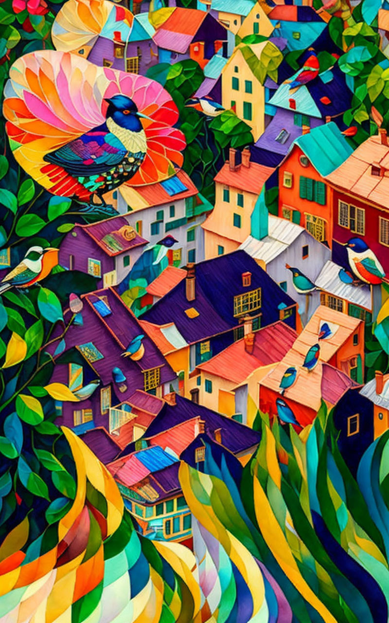 Colorful Bird Painting Above Whimsical Village with Multicolored Houses