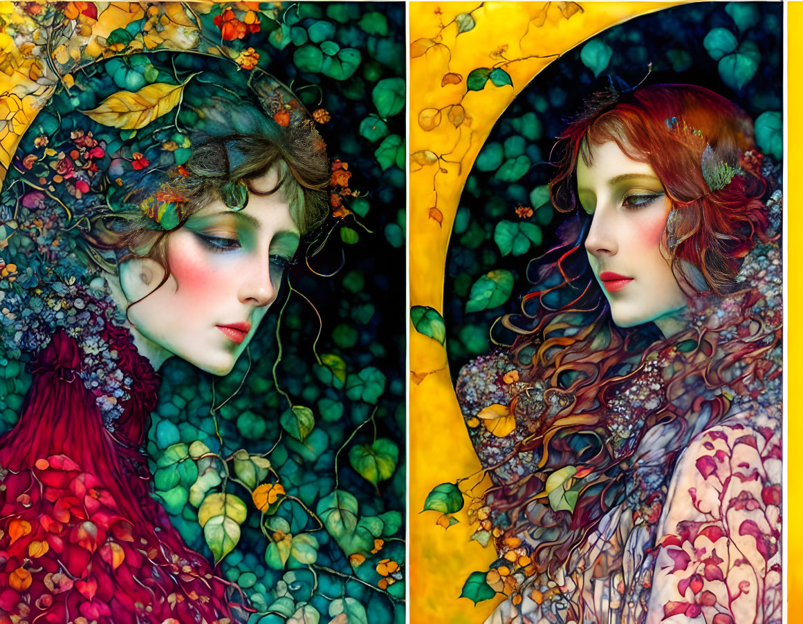 Stylized illustrations of women with nature-inspired hair and attire in autumn colors
