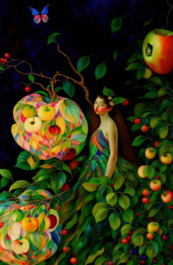 Woman blending with apple tree under night sky with butterfly