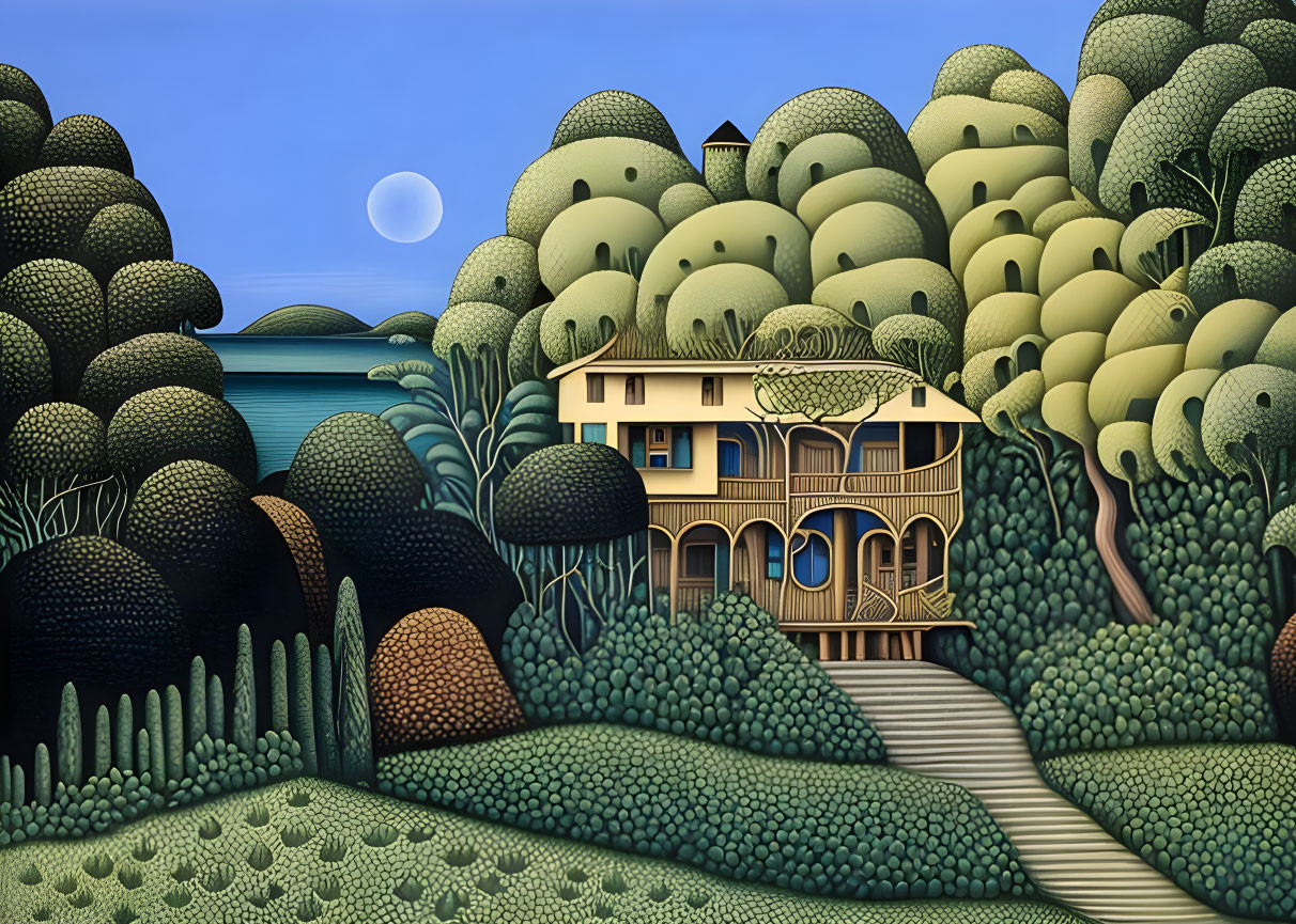 Stylized painting of two-story house in green forest under twilight sky