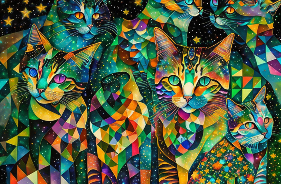 Colorful geometric-patterned cats on cosmic background.