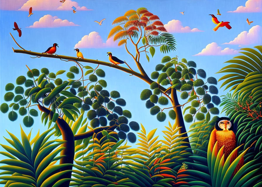 Colorful Jungle Scene: Exotic Birds, Monkey, and Flying Birds under Blue Sky