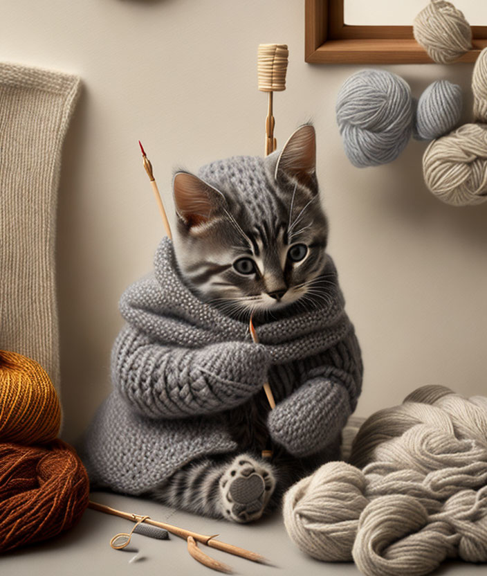 Tabby Kitten in Grey Knitted Scarf with Yarn and Needles