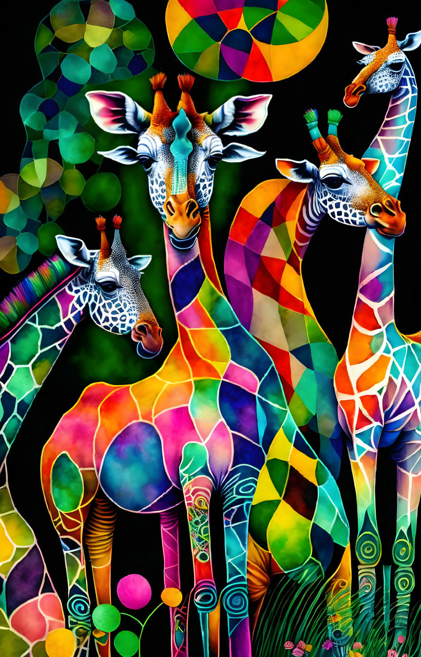 Vibrant abstract art: stylized giraffes, colorful patterns, geometric shapes on black background