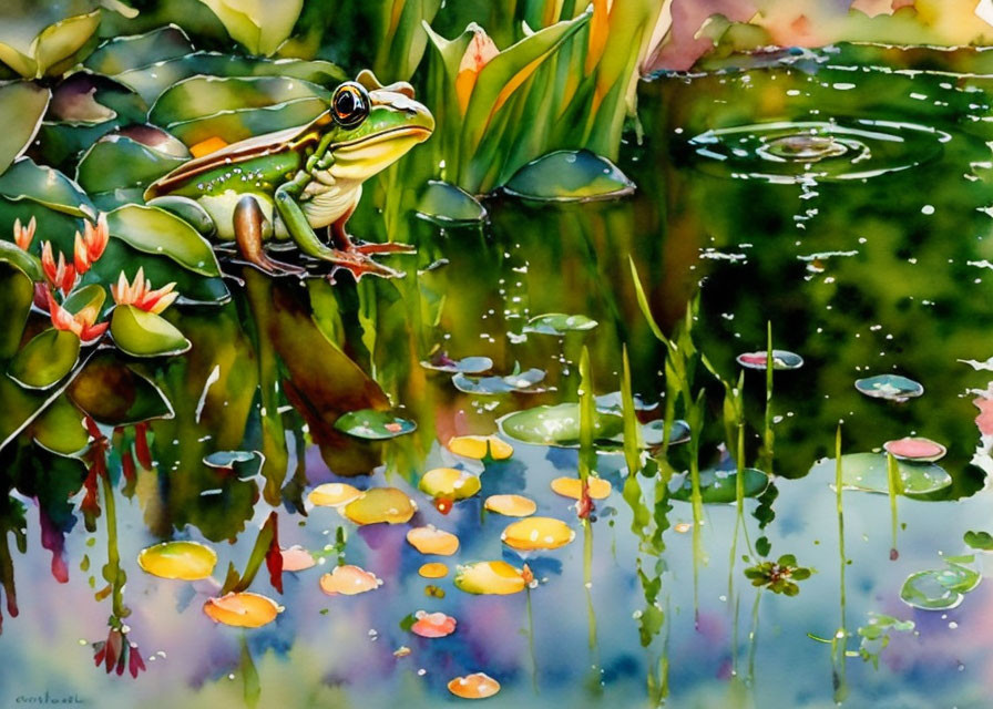 Vivid watercolor painting of frog on lily pad in tranquil pond