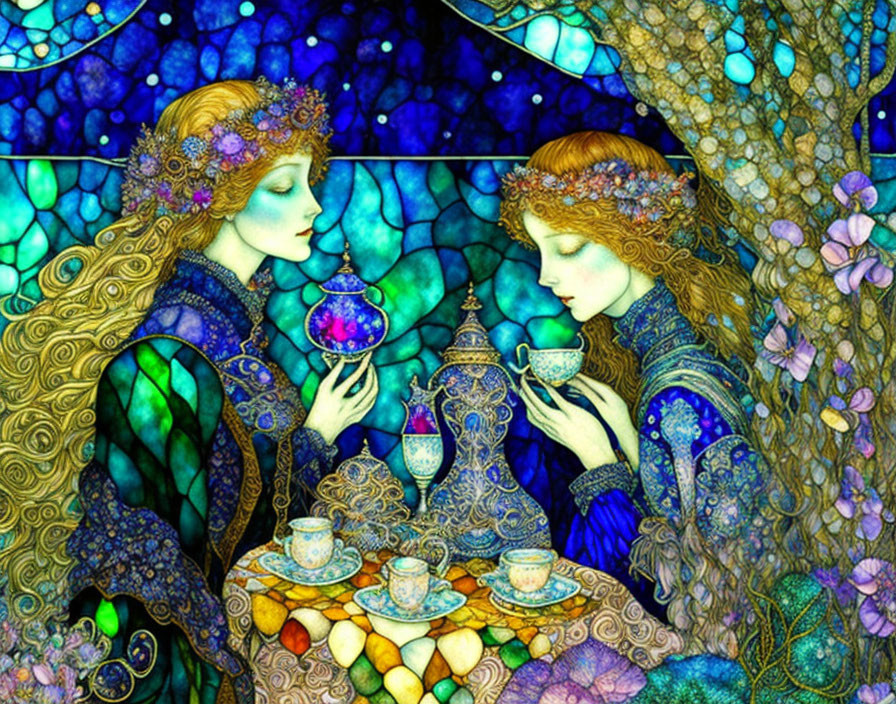 Ethereal women in blue and green gowns with ornate vessels amidst vibrant stained-glass foliage