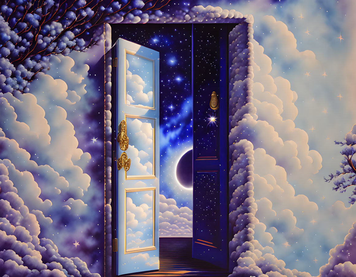 Open door in fluffy clouds under starry sky with crescent moon suggests celestial portal