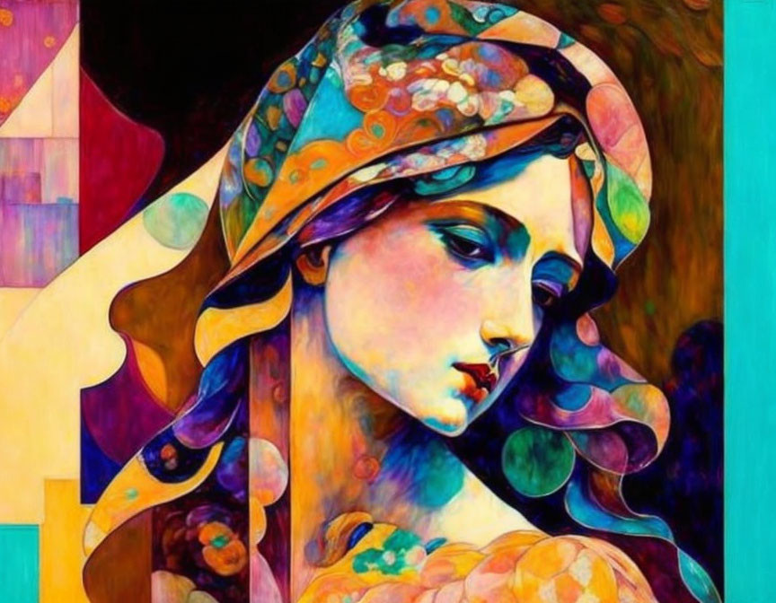 Colorful Stylized Portrait of Woman with Flowing Headscarf