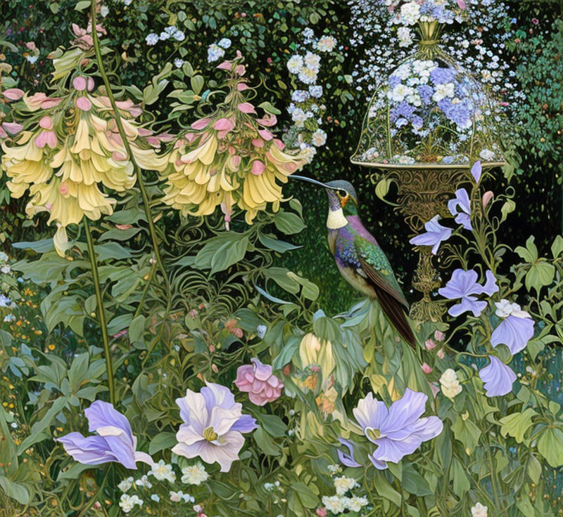 Colorful garden scene with starling, flowers, and birdcage