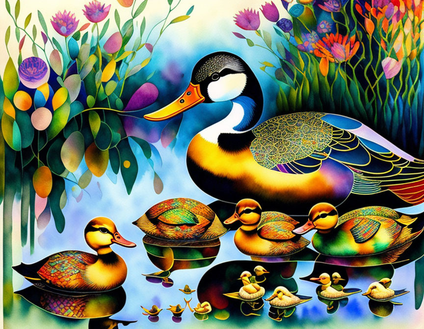 Vibrant artwork of stylized duck family in floral setting